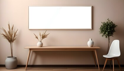 Fototapeta premium A modern minimalist living room with a large white framed mirror hanging on the wall above a wooden console table.