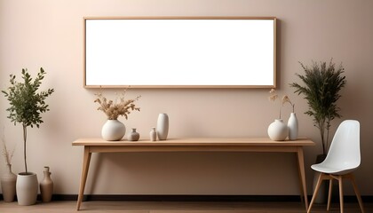 A modern minimalist living room with a large white framed mirror hanging on the wall above a wooden console table.