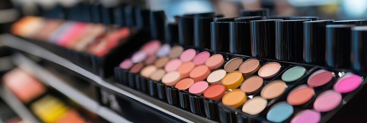 A variety of colorful makeup shades displayed neatly on shelves, inviting customers to explore beauty product options.