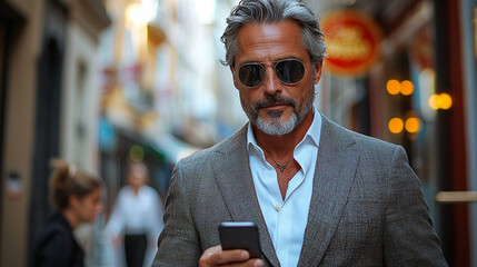 Urban Man with Phone. Stylish man with sunglasses and gray blazer uses smartphone