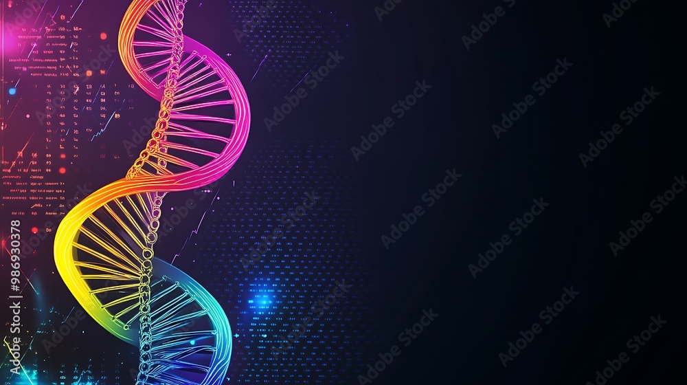 Poster a colorful dna helix with a dark background.