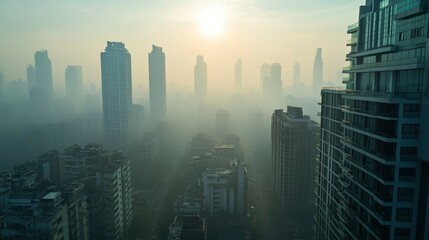 Obraz premium A view from a residential balcony with a thick layer of smog obscuring the city skyline. The image captures the impact of PM2.5 pollution on the living environment and outdoor views.