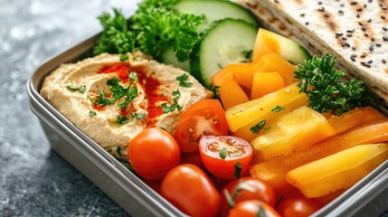 Vegan lunch box with raw vegetables, hummus, and pita bread, promoting plant-based diets, healthy food, lunch box