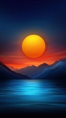 Fototapeta premium Minimalist mountain landscape with vibrant sunset, clean lines and bold colors, peaceful ambiance