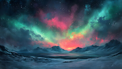 Fototapeta premium The Northern Lights illuminating the night sky with shades of green, pink, and purple over a snow-covered landscape