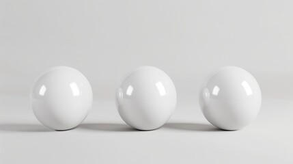 Three smooth white spheres arranged in a balanced composition, showcasing their glossy surfaces and subtle shadows, creating a sense of harmony and simplicity.