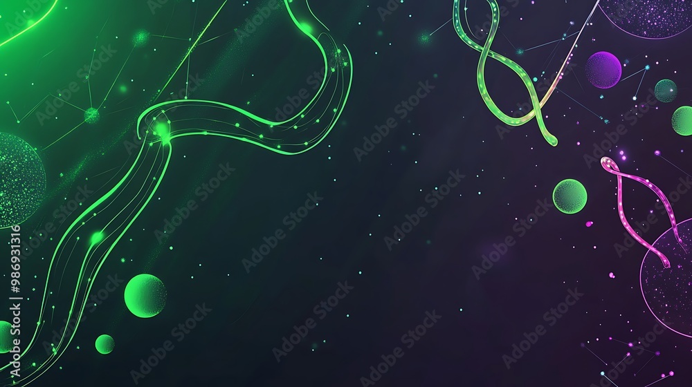 Poster abstract digital background with glowing lines, dots, and dna strands in a green and purple color sc