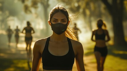 An outdoor fitness class with participants wearing masks due to poor air quality. The class is taking place in a park shrouded in a thick layer of smog, reflecting the impact of PM2.5 pollution on