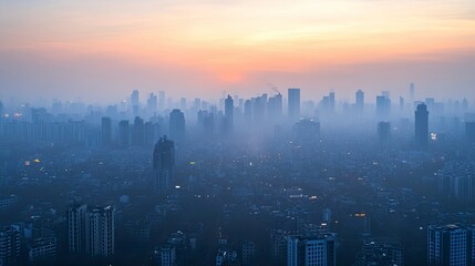 Fototapeta premium A city skyline at dusk with the buildings and horizon obscured by a dense layer of smog. The sky has a greyish-brown hue, illustrating the impact of PM2.5 pollution on urban landscapes.