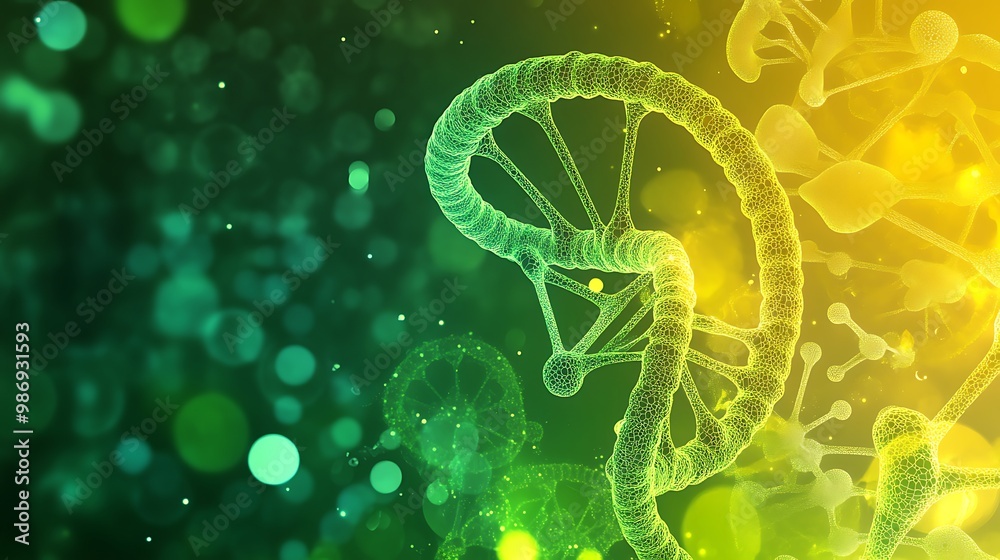 Aufkleber Abstract 3D rendering of a DNA strand with green and yellow bokeh background.