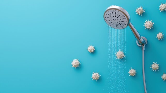 Showerhead spraying water with virus particles on blue background, highlighting hygiene and cleanliness concepts.