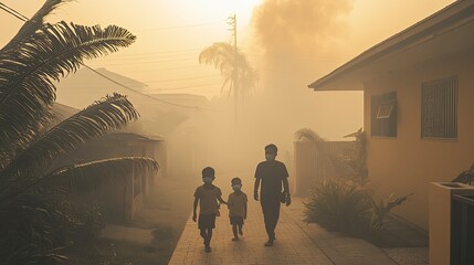 A suburban street with children playing in the yard while wearing masks due to poor air quality. The scene is enveloped in a greyish haze, highlighting the impact of PM2.5 pollution on family life.
