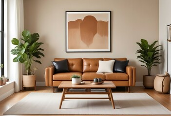 A modern living room with a tan leather sofa, wooden coffee table, and decorative elements like framed artwork and a potted plant.
