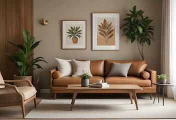 A modern living room with a tan leather sofa, wooden coffee table, and decorative elements like framed artwork and a potted plant.