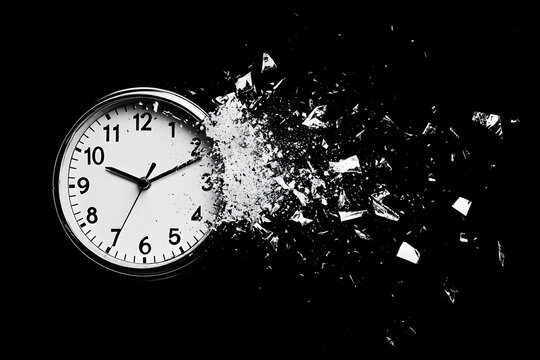  Exploding wall clock concept, time destruction, shattered glass, dramatic representation of urgency, stress, deadlines, time pressure, broken, chaos, and fleeting moments in black background.