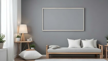 A minimalist living room with a gray wall, a wooden bench with white cushions, and a white frame on the wall.