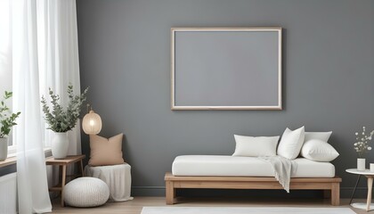 Fototapeta premium A minimalist living room with a gray wall, a wooden bench with white cushions, and a white frame on the wall.