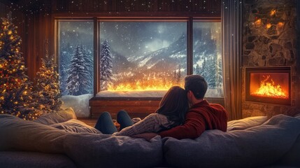 Naklejka premium A couple cuddling on the couch in front of an electric fireplace, with a snowy scene visible through the windows.