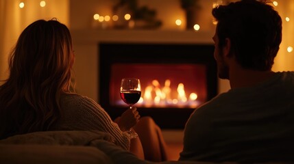 A couple enjoying a peaceful evening in front of an electric fireplace, sipping wine and watching the flames.