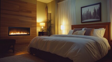 A cozy bedroom with an electric fireplace glowing softly at the foot of the bed, providing warmth and ambiance.