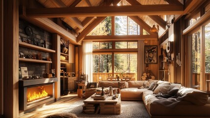 A cozy cabin-style living room with a large electric fireplace, wooden beams, and rustic decor.