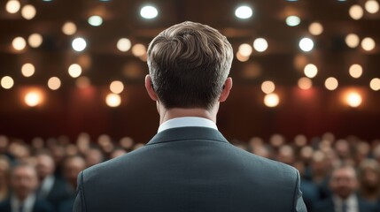 A confident speaker addresses a captivated audience, showcasing public speaking skills in a professional setting.