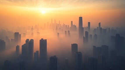 A scenic view of a city skyline with a thick layer of smog creating a greyish-brown tint over the buildings. The scene reflects the impact of PM2.5 pollution on urban aesthetics.