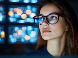 Thoughtful woman with glasses gazes at digital screens, immersed in technology and innovation.
