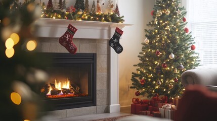 A cozy holiday scene with an electric fireplace, a decorated tree, and stockings hanging on the mantel.