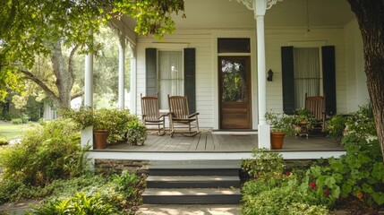 A cozy home exterior with a charming front porch, rocking chairs, and potted plants.