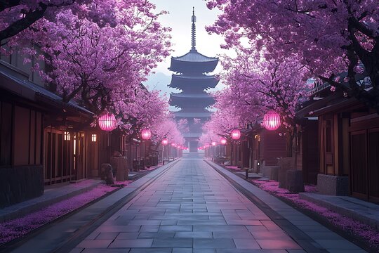 Traditional Japanese Street with Wooden Houses, Temples, Cherry Blossoms in Spring