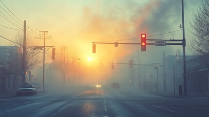 A street scene with a visible air quality monitoring station and a thick layer of smog affecting visibility. The image highlights the importance of air quality management in urban environments.