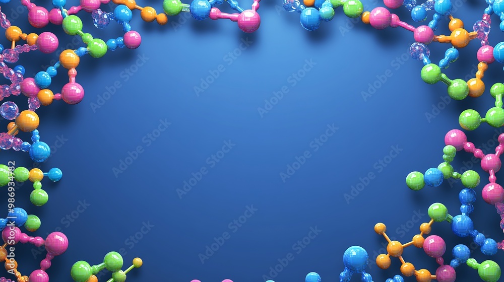 Aufkleber Colorful 3D molecular models arranged in a frame on a blue background with copy space.