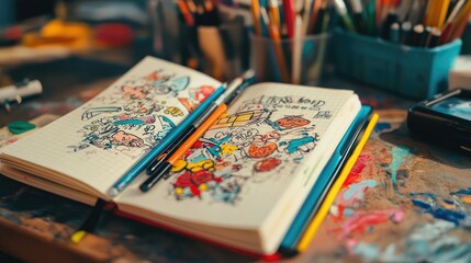 A creative artist's notebook filled with doodles, sketches, and colorful ideas spilling across the pages.