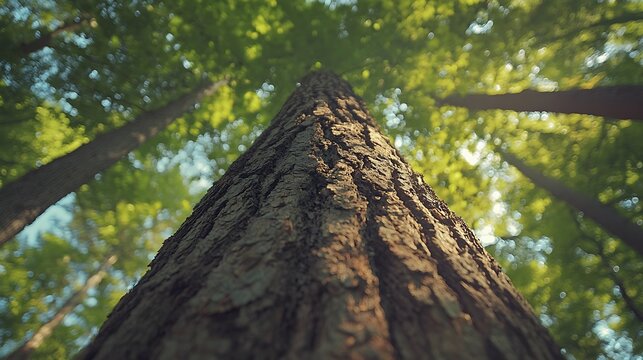 A low angle view looking up the trunk of a tall tree in a lush forest.