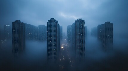 Fototapeta premium A cityscape with tall buildings partially obscured by a dense layer of smog and the sky appearing dull and grey. The image captures the pervasive nature of PM2.5 pollution.