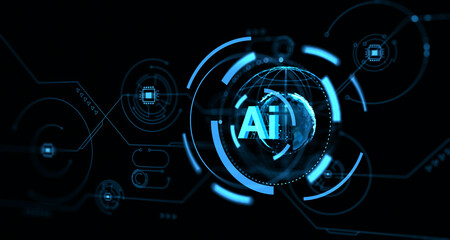 AI hologram with futuristic tech elements on a dark background. 3D Rendering
