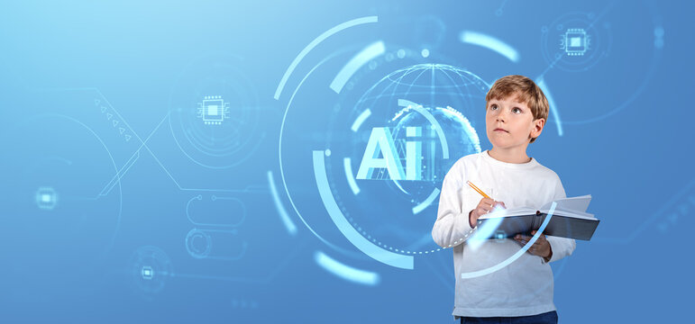 Boy writing in notebook surrounded by AI holograms on blue backg
