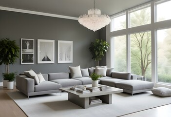 Fototapeta premium A modern and minimalist living room with a large gray sectional sofa, a white coffee table with books, and a large white chandelier hanging from the ceiling.