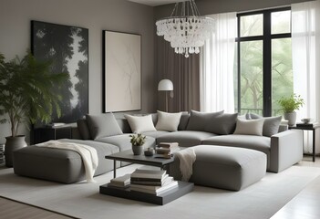 Fototapeta premium A modern and minimalist living room with a large gray sectional sofa, a white coffee table with books, and a large white chandelier hanging from the ceiling.