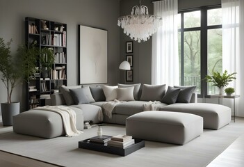 A modern and minimalist living room with a large gray sectional sofa, a white coffee table with books, and a large white chandelier hanging from the ceiling.