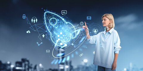 Woman interacts with a futuristic digital rocket icon, symbolizi