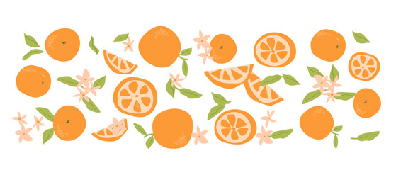 Hand drawn abstract fruit plant set. Whole fruit, slices, pieces and leaves, flowers. Can used for posters, labels, patterns.