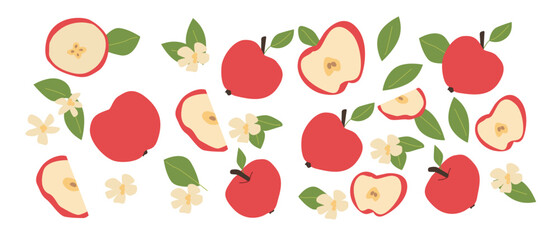 Hand drawn abstract apple fruit plant set. Whole fruit, slices, pieces and leaves, flowers. Can used for posters, labels, patterns.