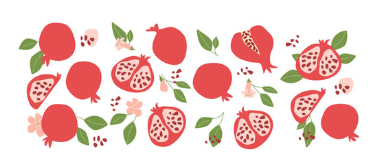 Hand drawn abstract fruit pomegranate plant set. Whole fruit, slices, pieces and leaves, flowers. Can used for posters, labels, patterns.