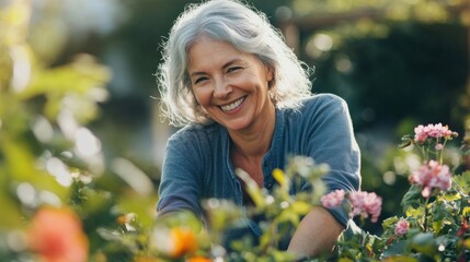 Grey-haired woman smiling while tending to her garden, surrounded by blooming flowers and greenery on a sunny day.