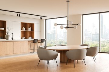 Modern kitchen interior with wooden cabinets, a dining area with a round table, and large windows overlooking the city. Clean and elegant design. 3D Rendering