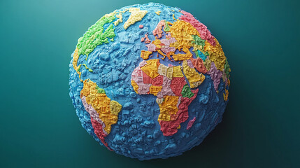 Fototapeta premium Colorful globe model showing continents on a blue surface, ideal for educational and travel-related projects.