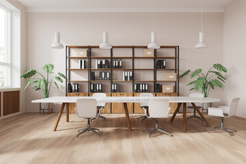 Modern open space office interior with wooden shelves and plants. 3D Rendering