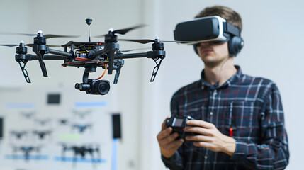 A male drone operator wearing virtual glasses is preparing for a flight. AI Generated